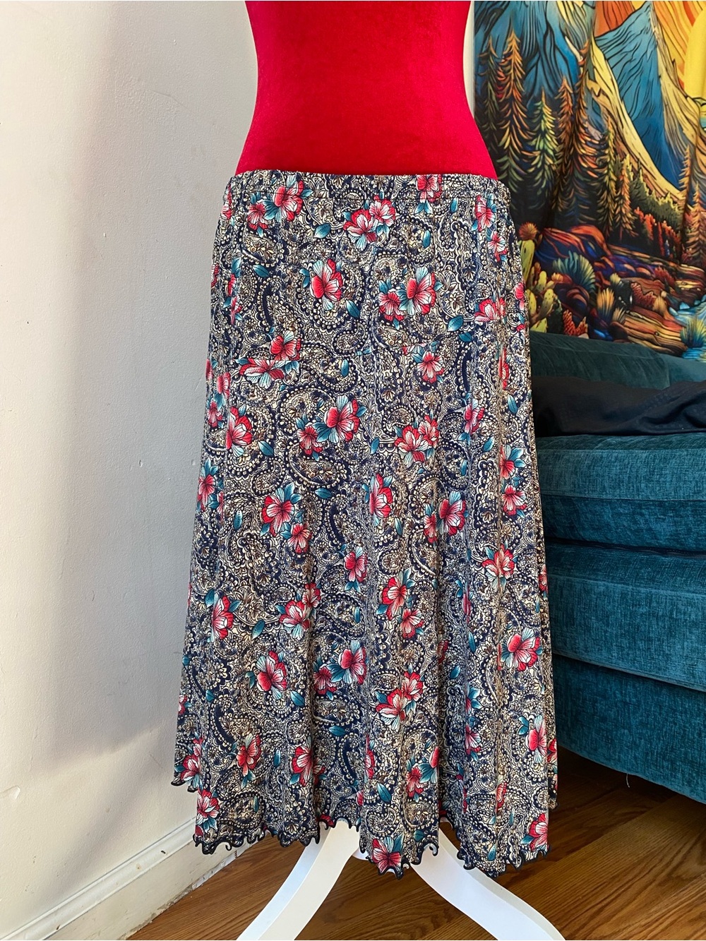 Sag Harbor Navy Paisley Circle Skirt with Red Floral Accents